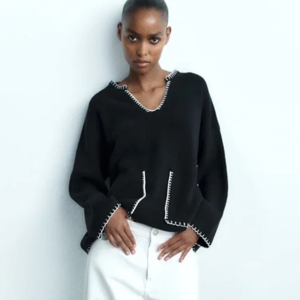 Zara Topstitched Knit Sweater Size M